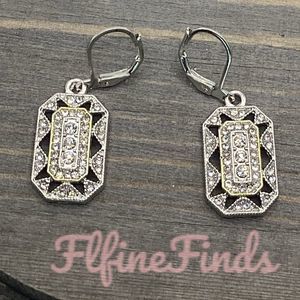 - 💖 Art deco Silver Tone  Diamond Pave geometric octagon drop earrings💖